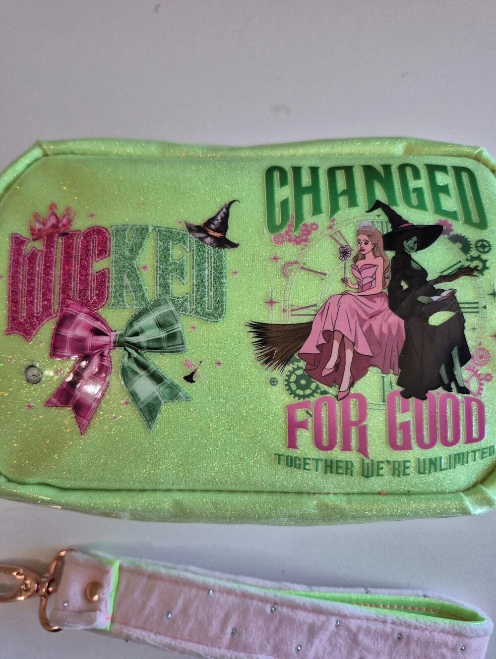 Whimsical Green & pink witches glitter wristlet or clutch